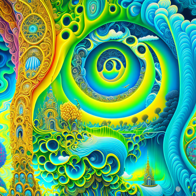 Colorful Psychedelic Fractal Art with Spirals, Waves, and Architectural Patterns