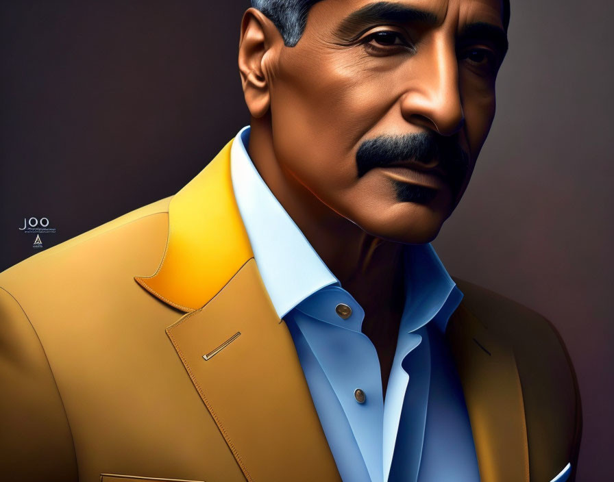 Digital portrait of a man with mustache in tan jacket and blue shirt against brown background