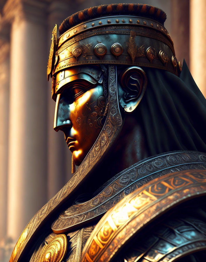 Metallic Warrior Bust with Decorated Helmet and Armor Against Classical Architecture Background