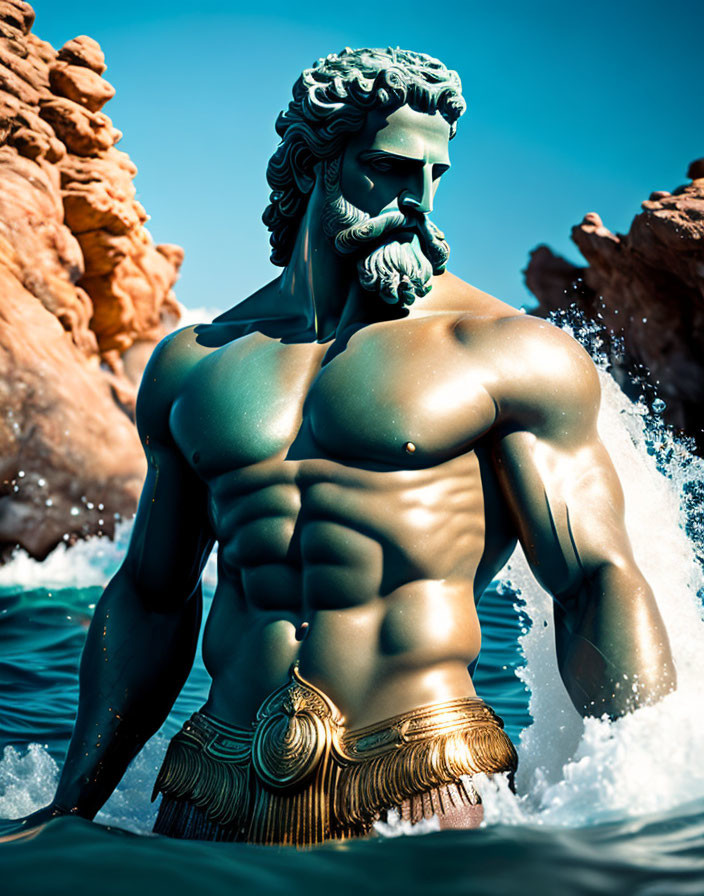 Muscular male figure sculpture by the sea with ornate belt and rocks in the background