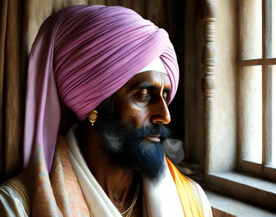 Bearded man in pink turban gazes out window in white attire