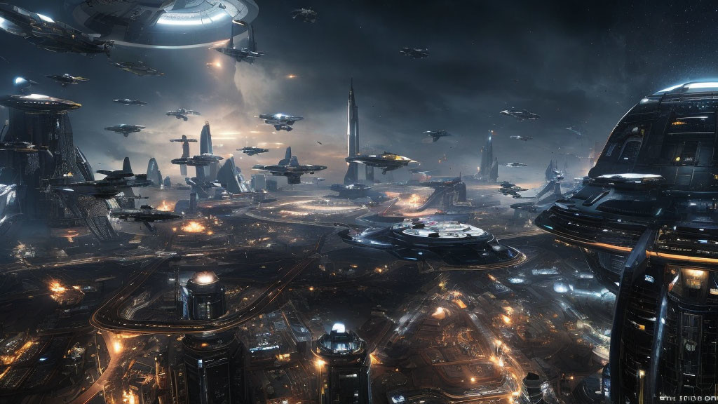 Futuristic night cityscape with advanced buildings and flying ships