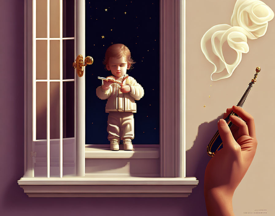 Child playing miniature violin on windowsill at night with adult's hand holding bow.