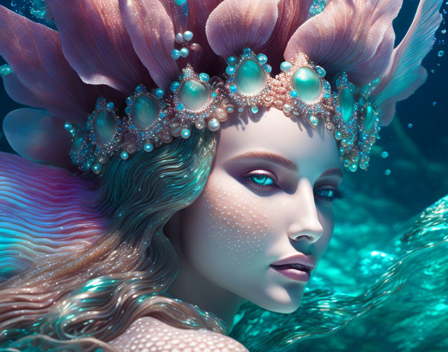 Mermaid portrait with pearl tiara, aqua skin, pink hair in underwater scene