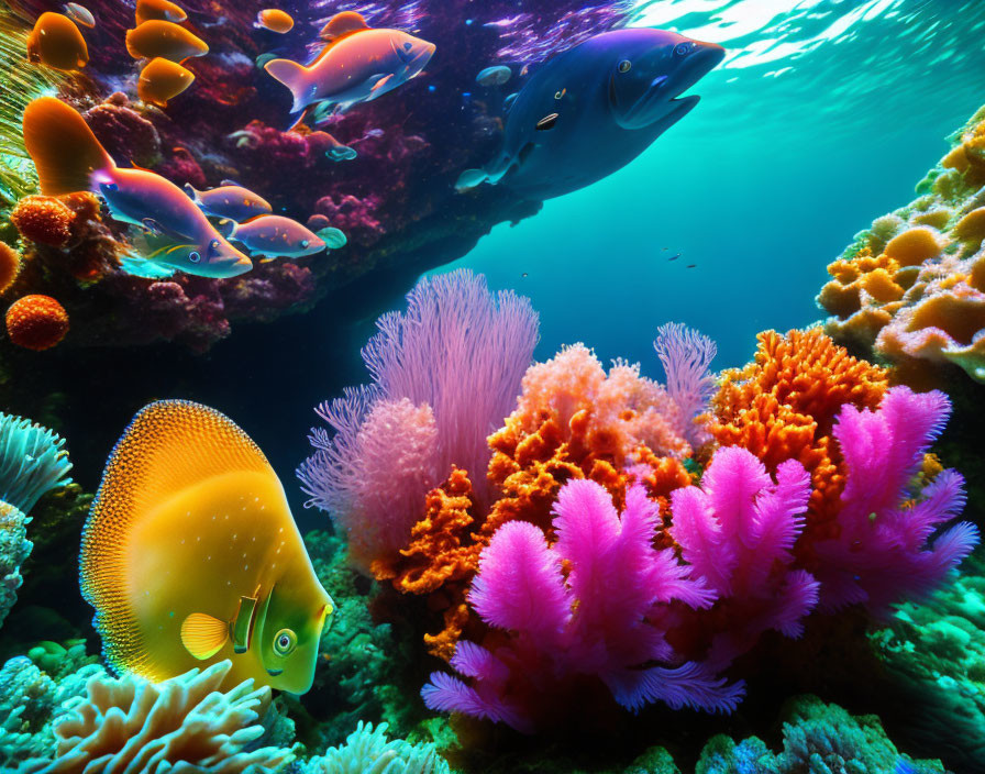 Vibrant underwater scene: tropical fish, colorful coral reefs, deep blue water