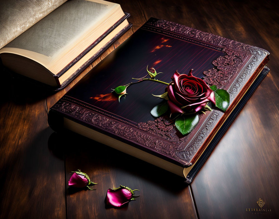 Ornate book with red rose and loose petals on polished surface