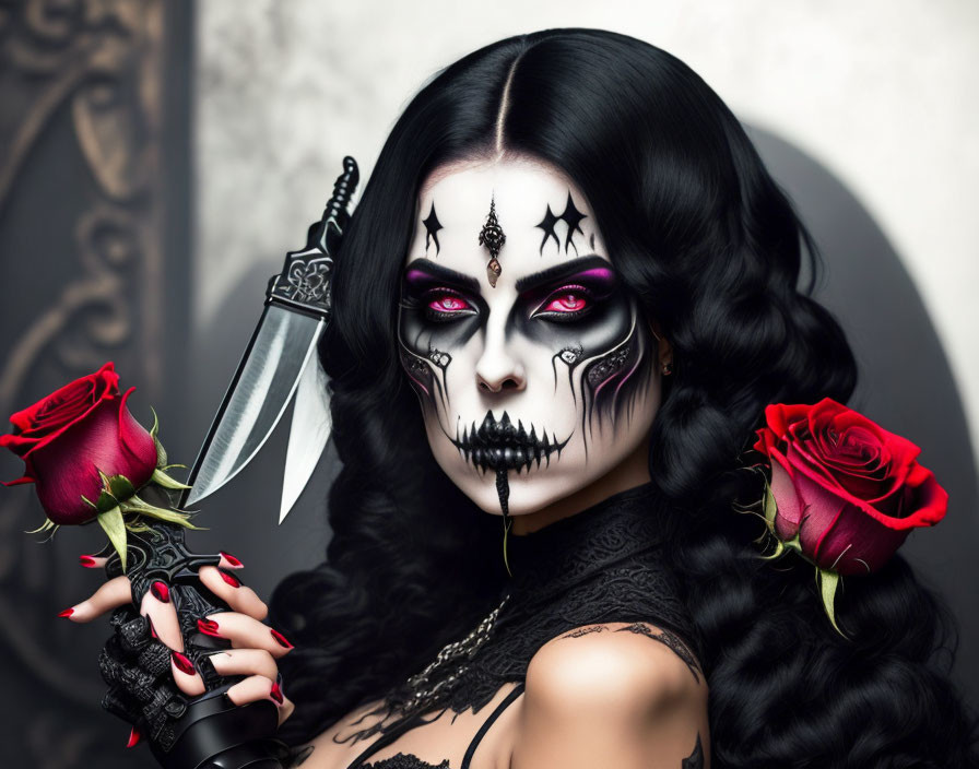 Person with skull makeup and dagger holding roses in gothic attire with mystical symbols.