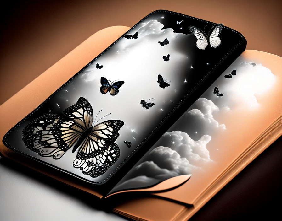 Smartphone with butterfly wallpaper on open book with cloud illustrations