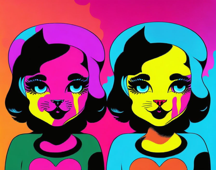 Colorful Cartoon-like Female Figures with Cat Features on Gradient Background