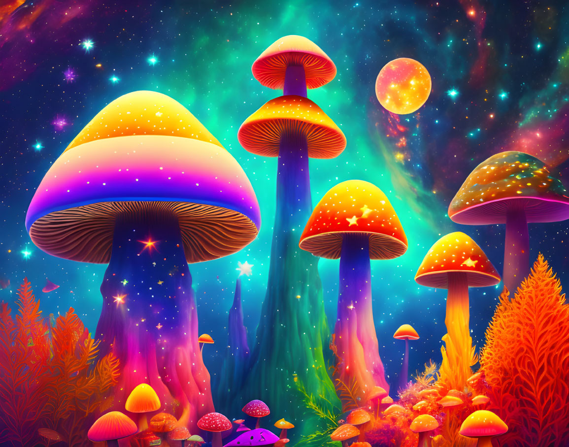 Colorful Oversized Mushrooms in Fantastical Forest with Nebula Sky