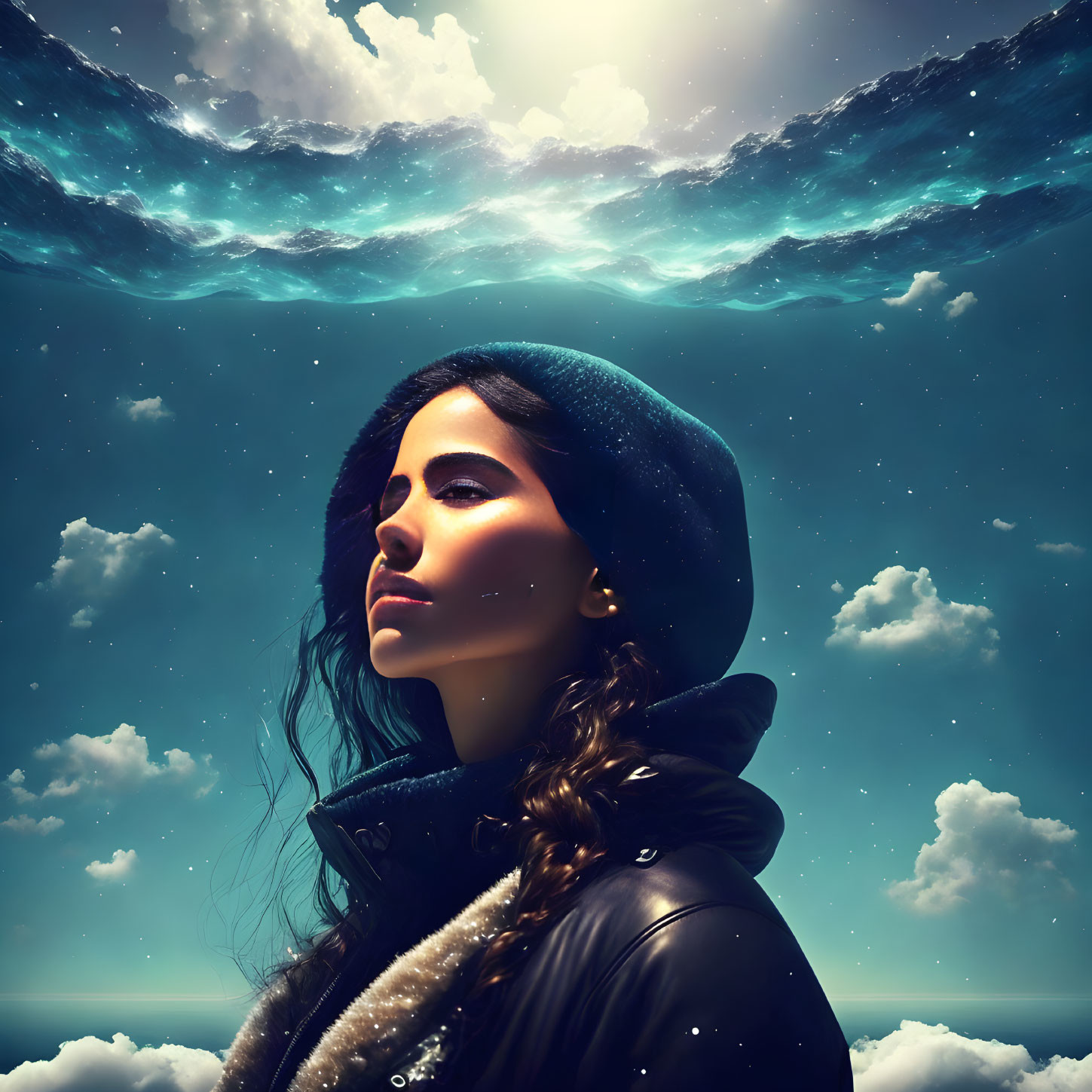 Woman in winter hat gazes under surreal ocean wave clouds