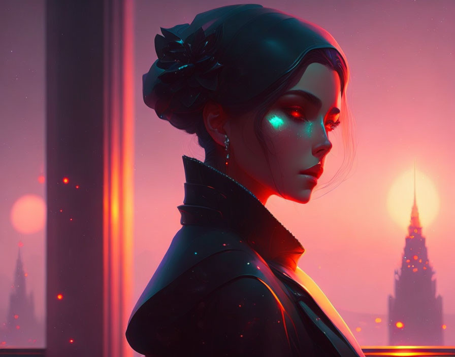 Digital artwork of woman with glowing eyes and flower in hair, overlooking neon-lit cityscape at dusk