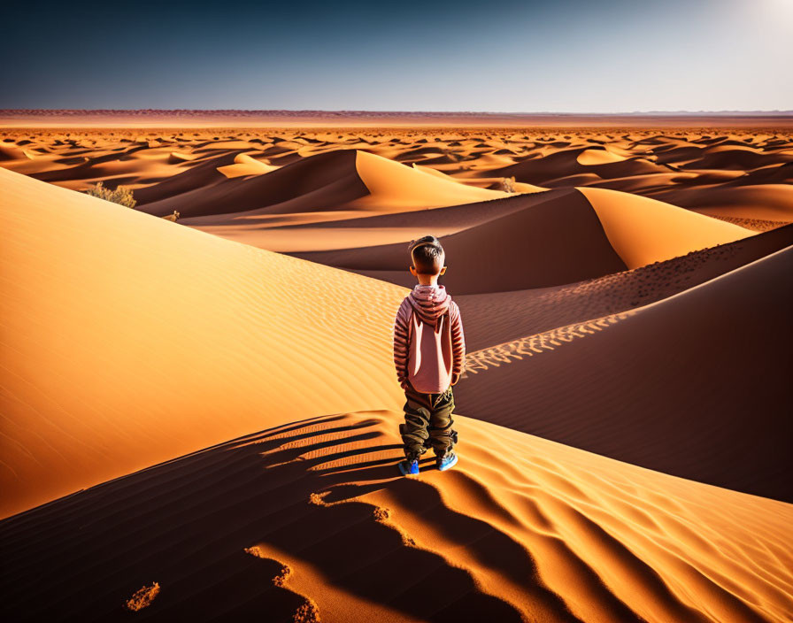 Child standing on sand dune in vast desert under blue sky