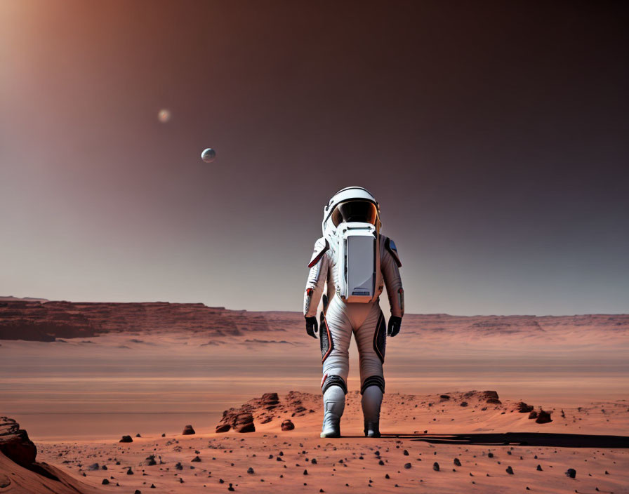 Astronaut on Martian-like landscape observing Earth from afar