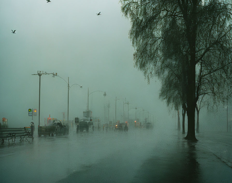 Rain-soaked street scene with mist, trees, street lamps, cars, and birds under gray sky