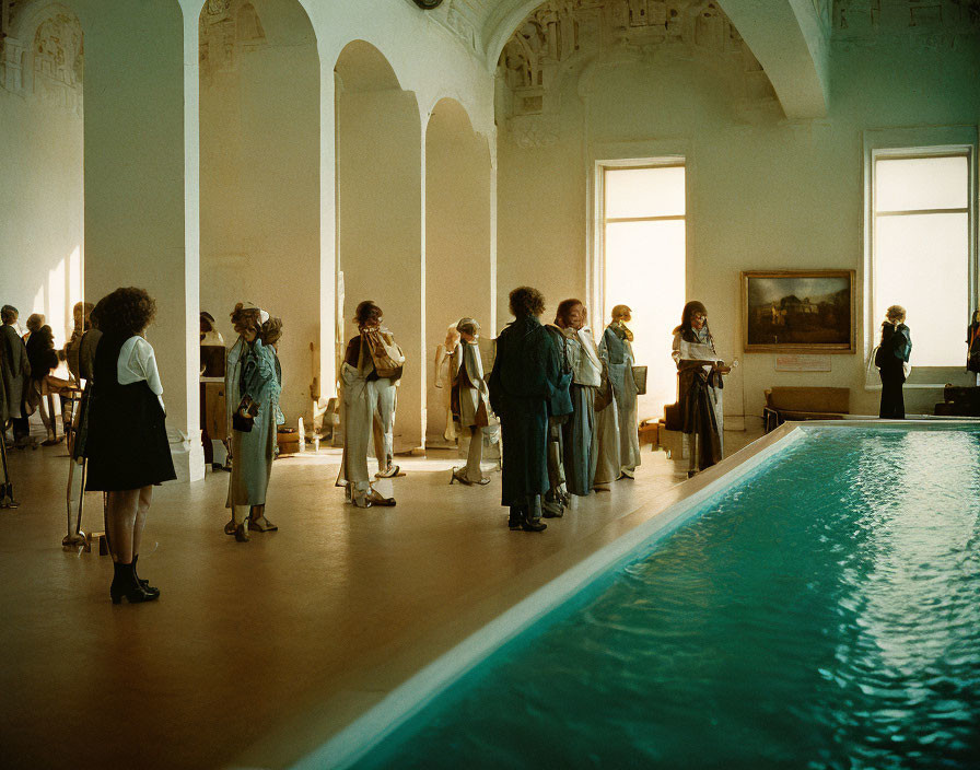 Gallery with White Walls, Arches, and Water Feature under Warm Lighting