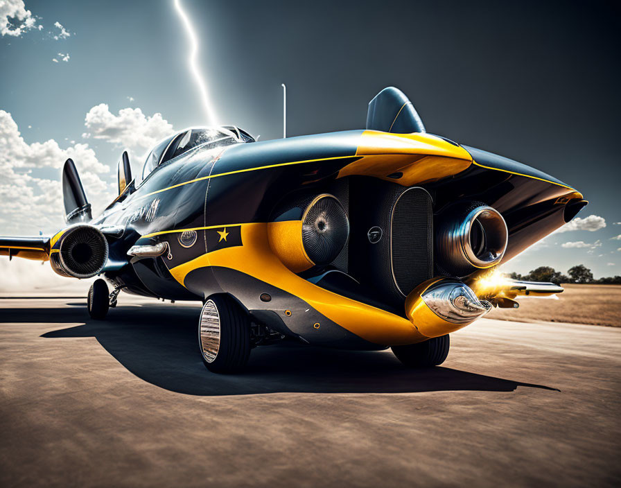 Black and Yellow Jet with Stars Ready for Takeoff