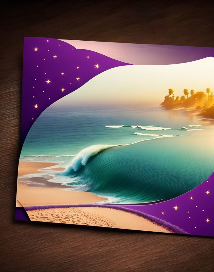 Curled paper with beach and night sky scene