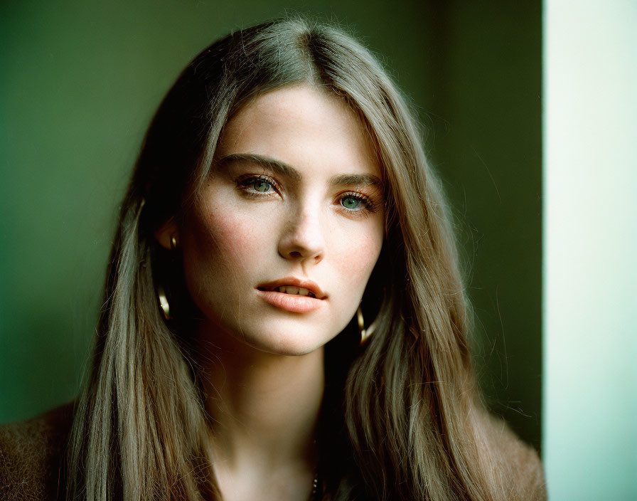 Woman with long brown hair and hazel eyes in brown top against green backdrop