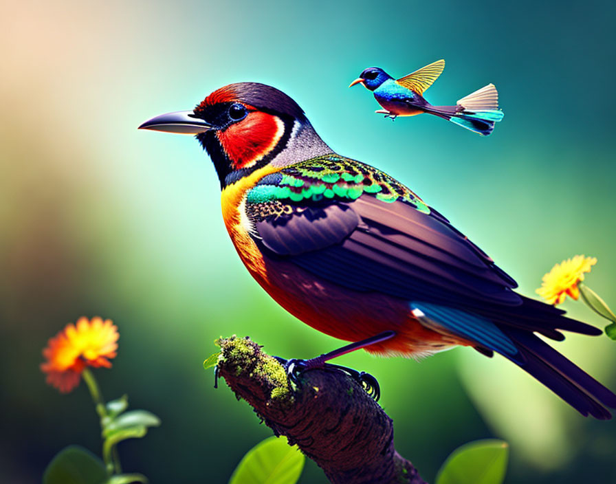 Colorful bird perched on branch with another bird flying, surrounded by greenery and orange flowers