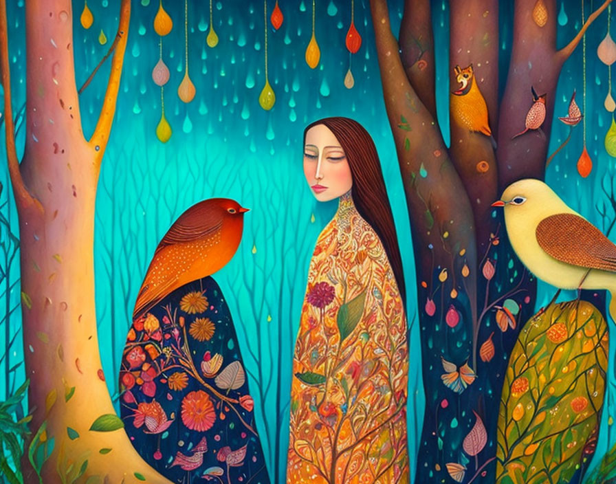 Colorful illustration of serene woman in floral cloak with birds and whimsical trees decorated with lanterns