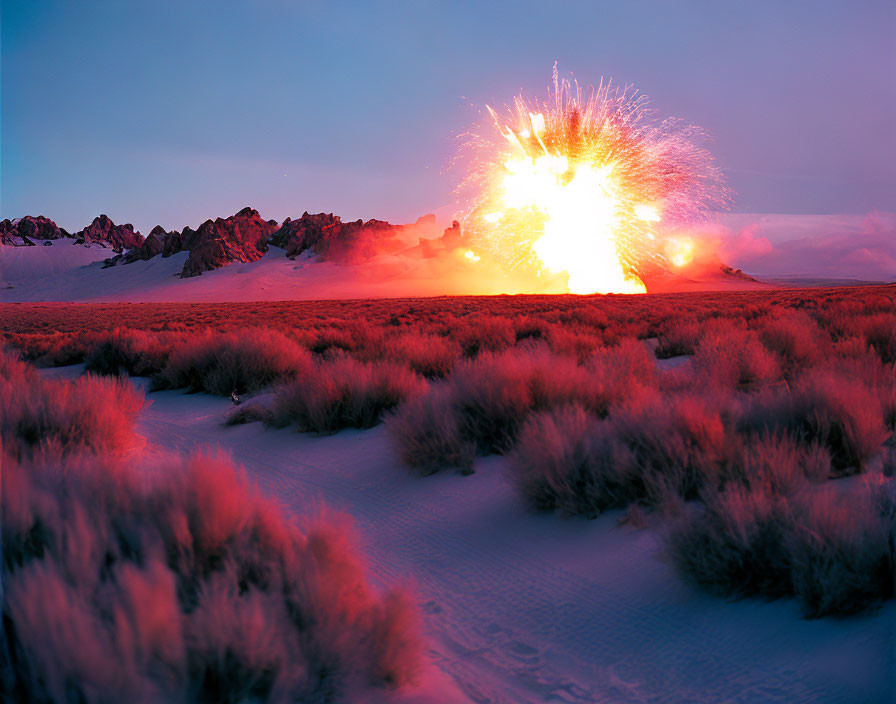 Explosion lighting snowy landscape at dusk