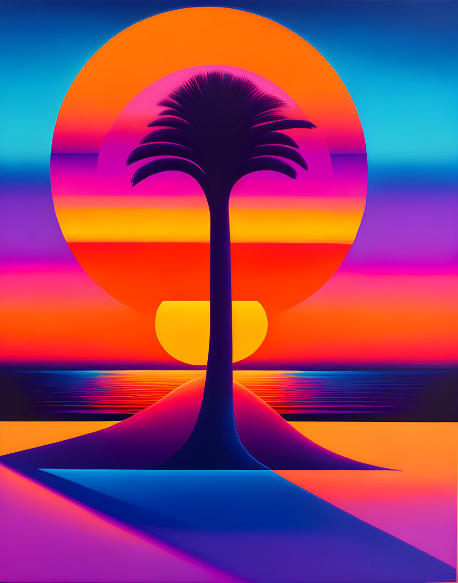 Colorful Sunset Silhouette: Palm Tree Against Vibrant Sky