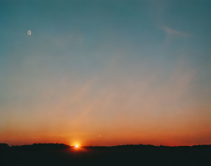 Tranquil sunset with crescent moon over forest silhouette