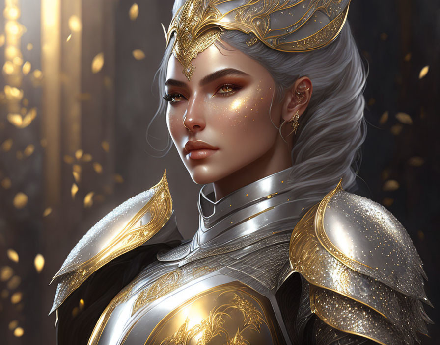 Silver-Haired Female Warrior in Golden Armor and Crown