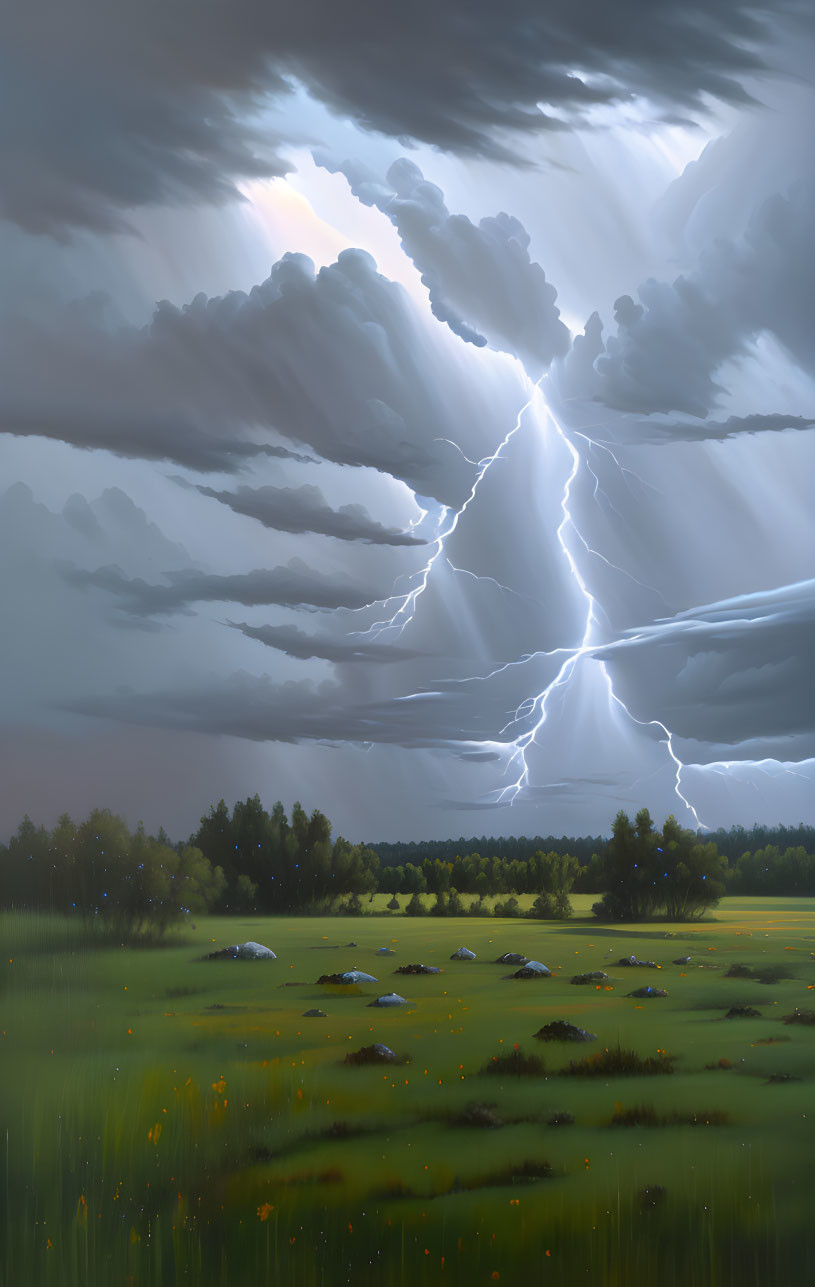 Thunderstorm with Lightning Striking in Dramatic Landscape