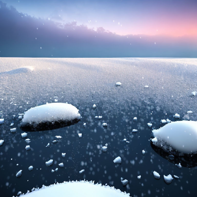 Snow-covered landscape with stones under pastel sky & falling snowflakes