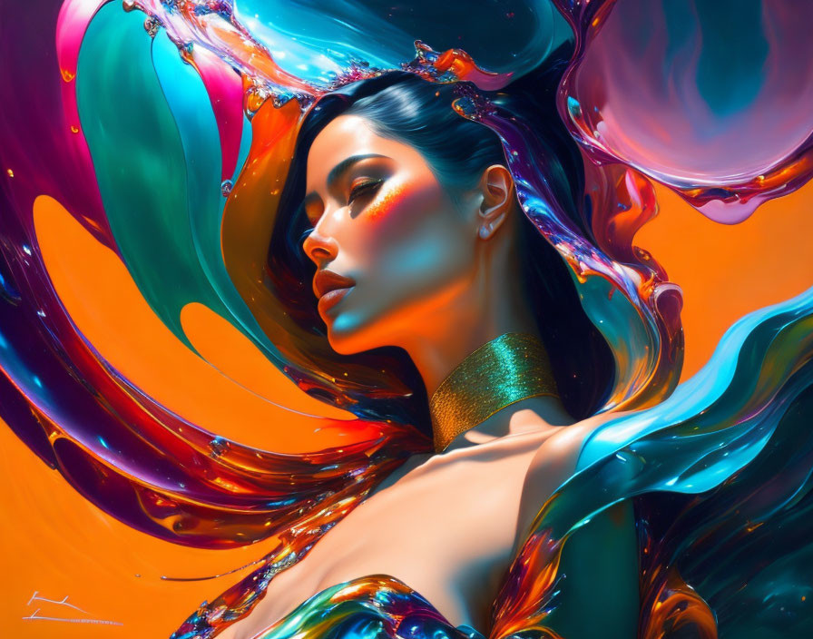 Colorful Abstract Artwork of Woman with Flowing Elements