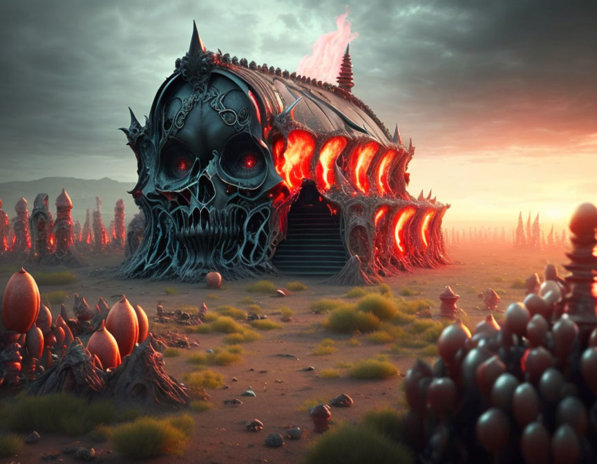 Skull-shaped structure with glowing eyes in a field of spherical objects at sunset