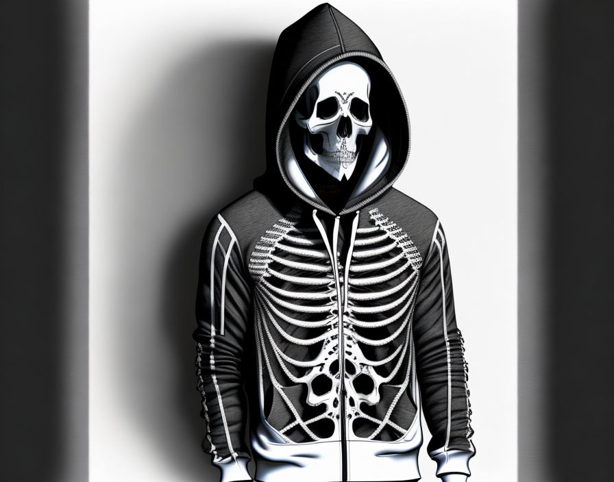 Skeleton figure in hooded jacket with ribcage design on black and white backdrop