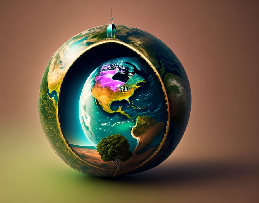 Surreal illustration of Earth as hollow globe with rocket on edge