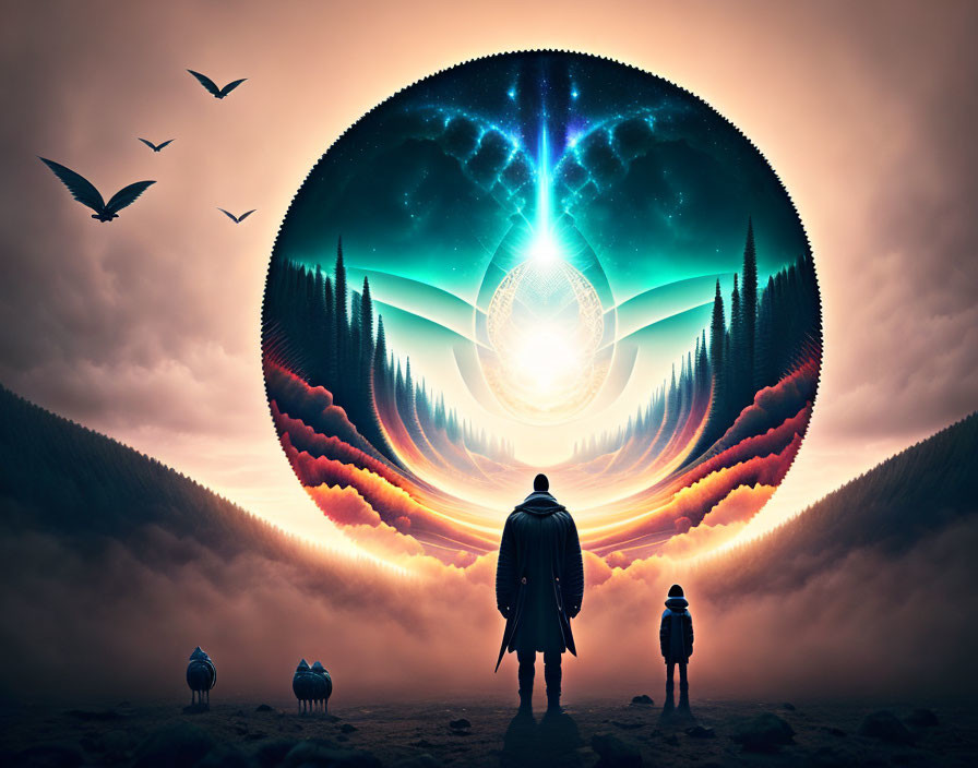 Man and child in surreal landscape with cosmic portal, vibrant hues, birds, and celestial sky