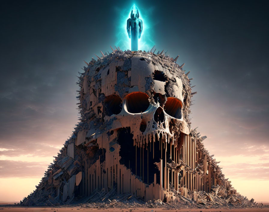 Dystopian scene with giant skull, melting structures, and glowing blue figure in eerie orange sky