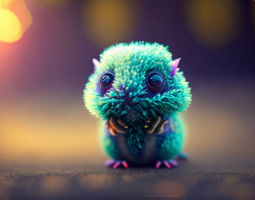 Fluffy turquoise creature with large eyes in soft-focus background