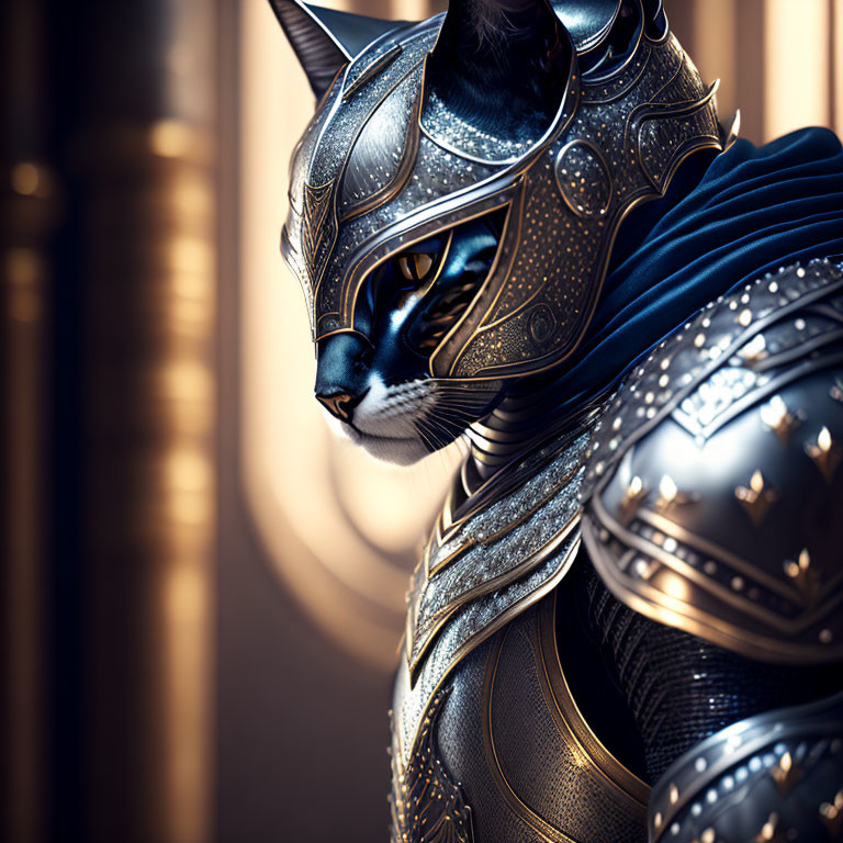 Cat in medieval armor digital art with warm light