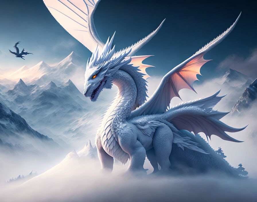 White dragon with large wings in misty mountain landscape.