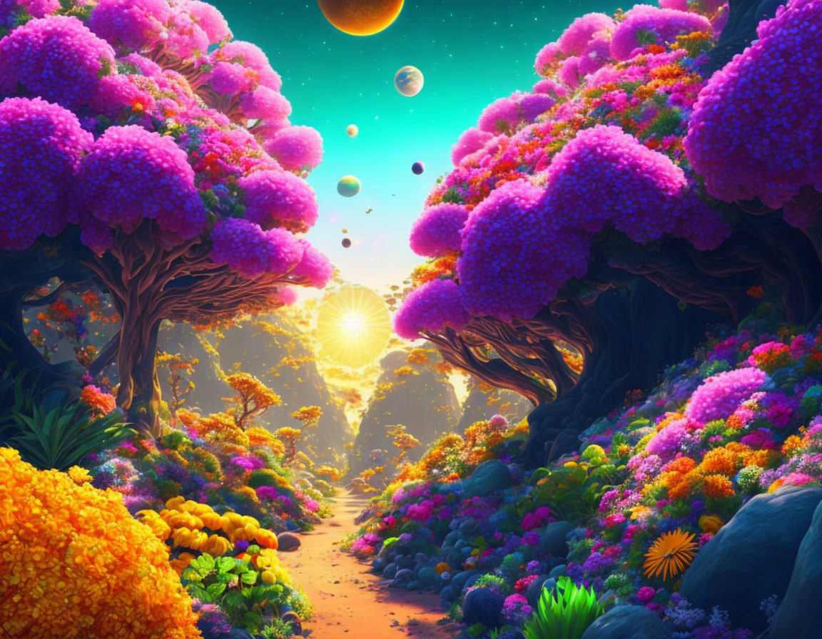 Colorful Fantasy Landscape with Archway of Trees and Alien Planets