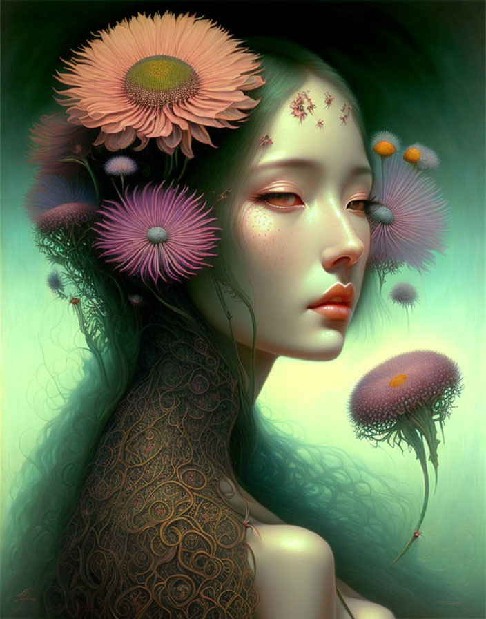 Surreal portrait of woman with delicate features and vibrant flowers