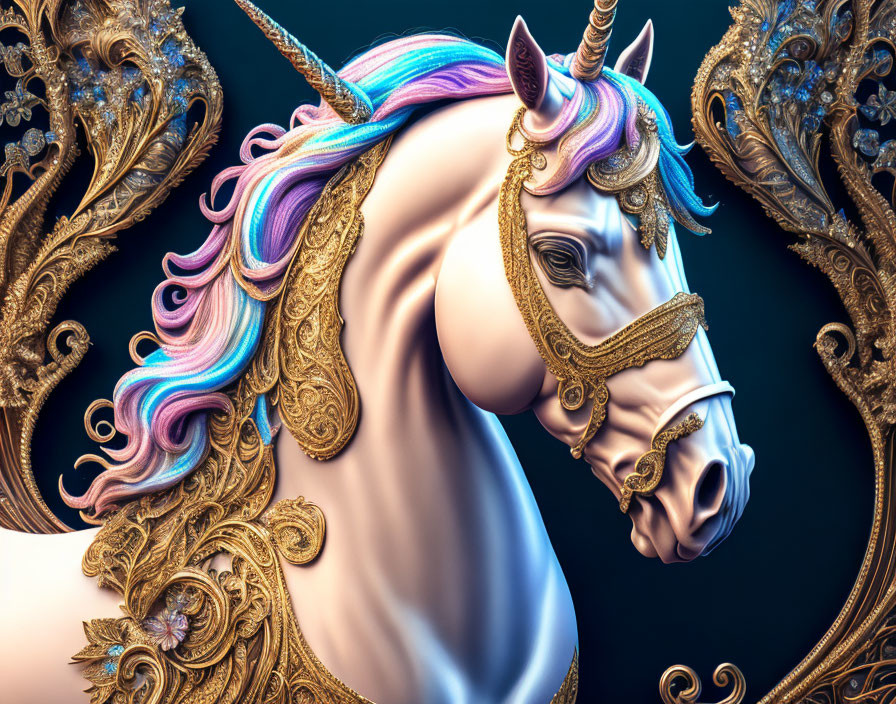 Majestic unicorn with rainbow mane and golden horn on dark ornate background