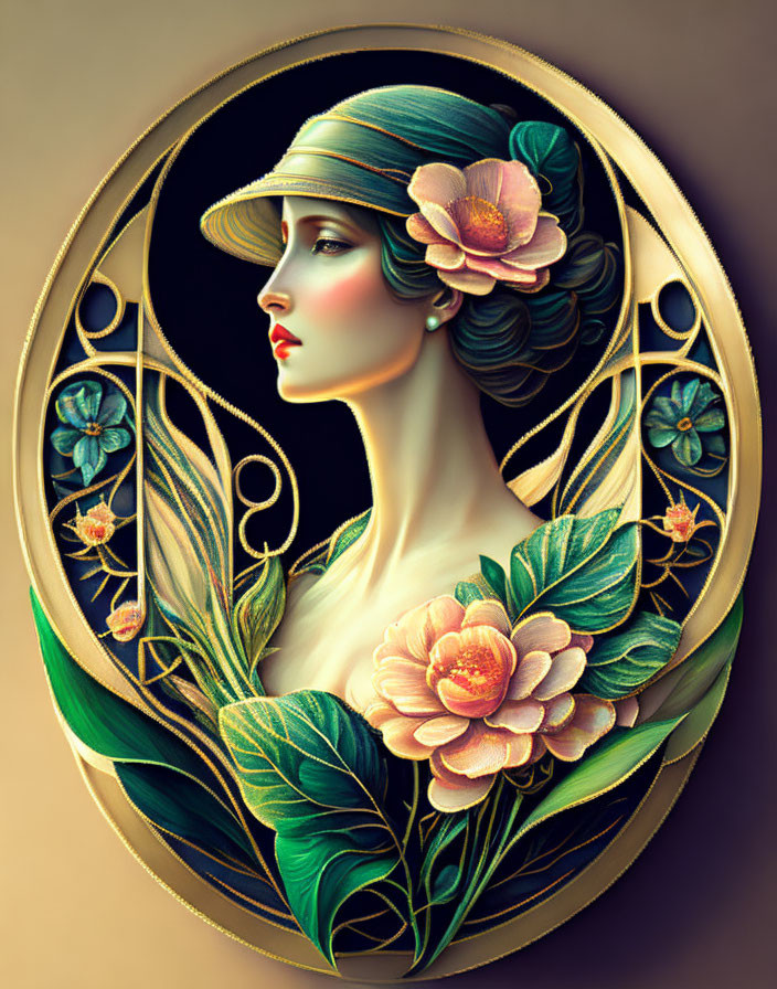 Art Nouveau Woman Illustration with Floral Motifs in Circular Frame