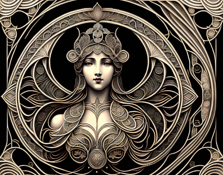 Intricate Artwork of Stylized Woman with Ornate Headdress