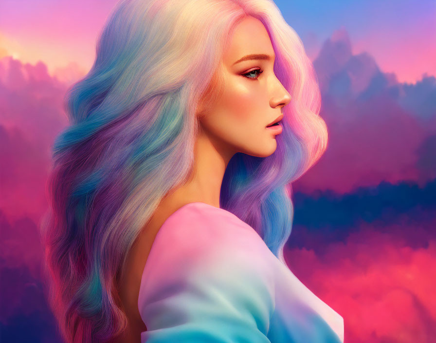 Digital art portrait of woman with pastel hair in serene expression on vibrant cloud background