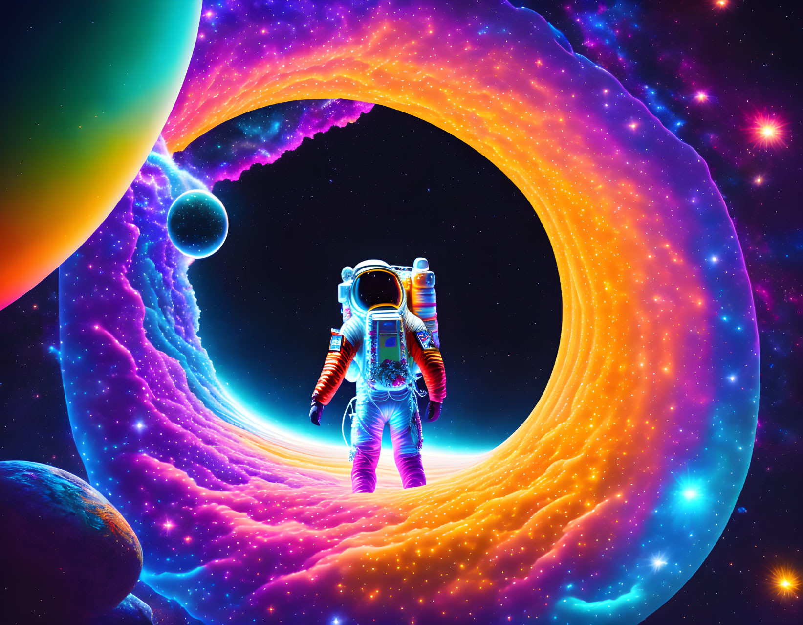 Astronaut in surreal cosmic scene with vibrant wormhole and nebulas