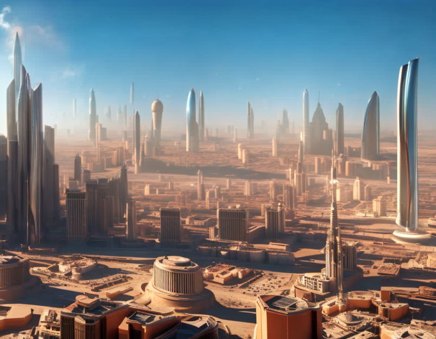 Futuristic cityscape with towering skyscrapers in warm sunlight