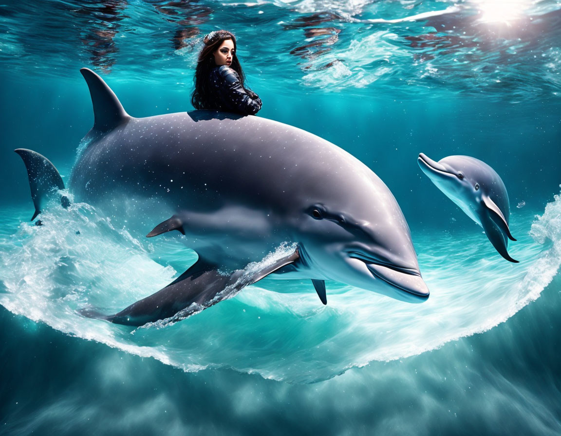 Woman riding large dolphin underwater with sunbeams.