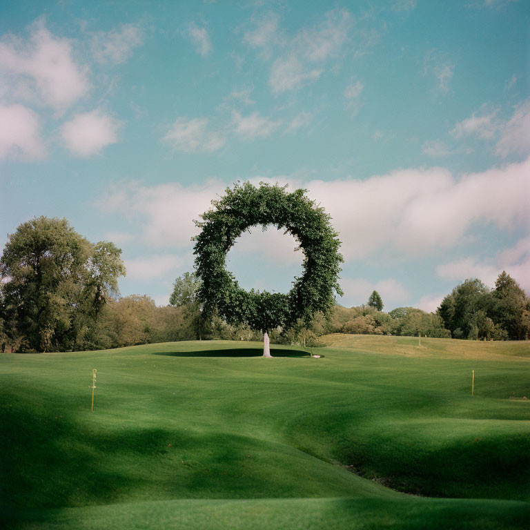 Circular Hedge Archway on Golf Course with Flagstick under Cloudy Sky